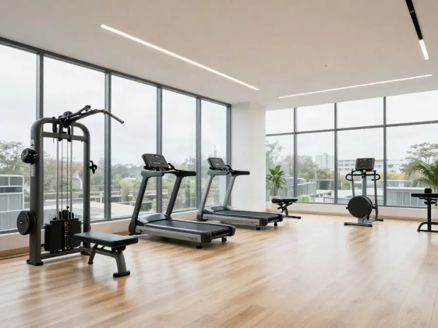 Sală de fitness luminoasă cu ferestre mari