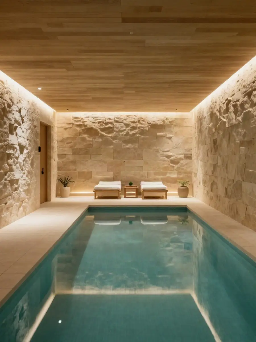 Zonă wellness cu piscină interioară și pereți din piatră